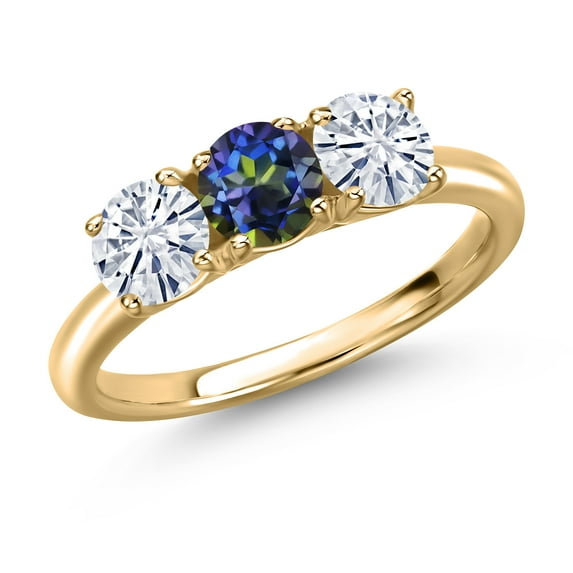 Gem Stone King 10K Yellow Gold Blue Mystic Topaz and White Moissanite Engagement Ring for Women | 1.50 Cttw | Round 5MM | Gemstone November Birthstone | Size 6
