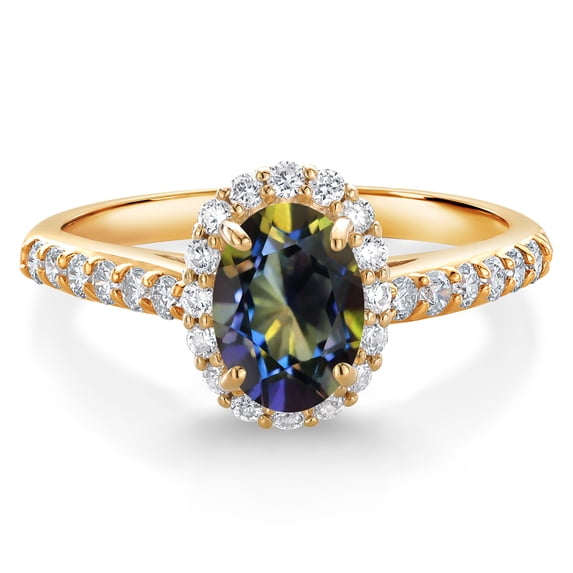 Gem Stone King 10K Yellow Gold Blue Mystic Topaz and White Lab Grown Diamond Halo Engagement Ring for Women (1.26 Cttw, Gemstone, Oval 7X5MM)