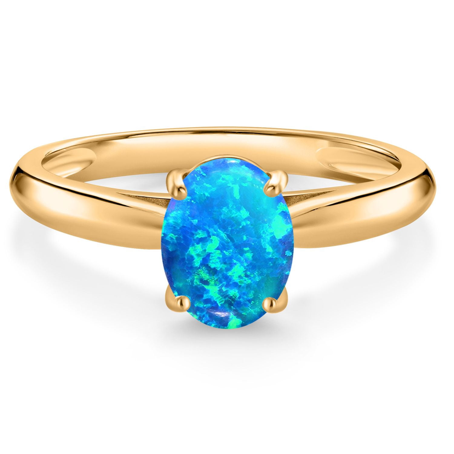 Gem Stone King 10K Yellow Gold Blue Opal Solitaire Engagement Ring for Women (1.06 Cttw, Oval Cabochon 8X6MM, Gemstone October Birthstone, Available in Size 5, 6, 7, 8, 9)