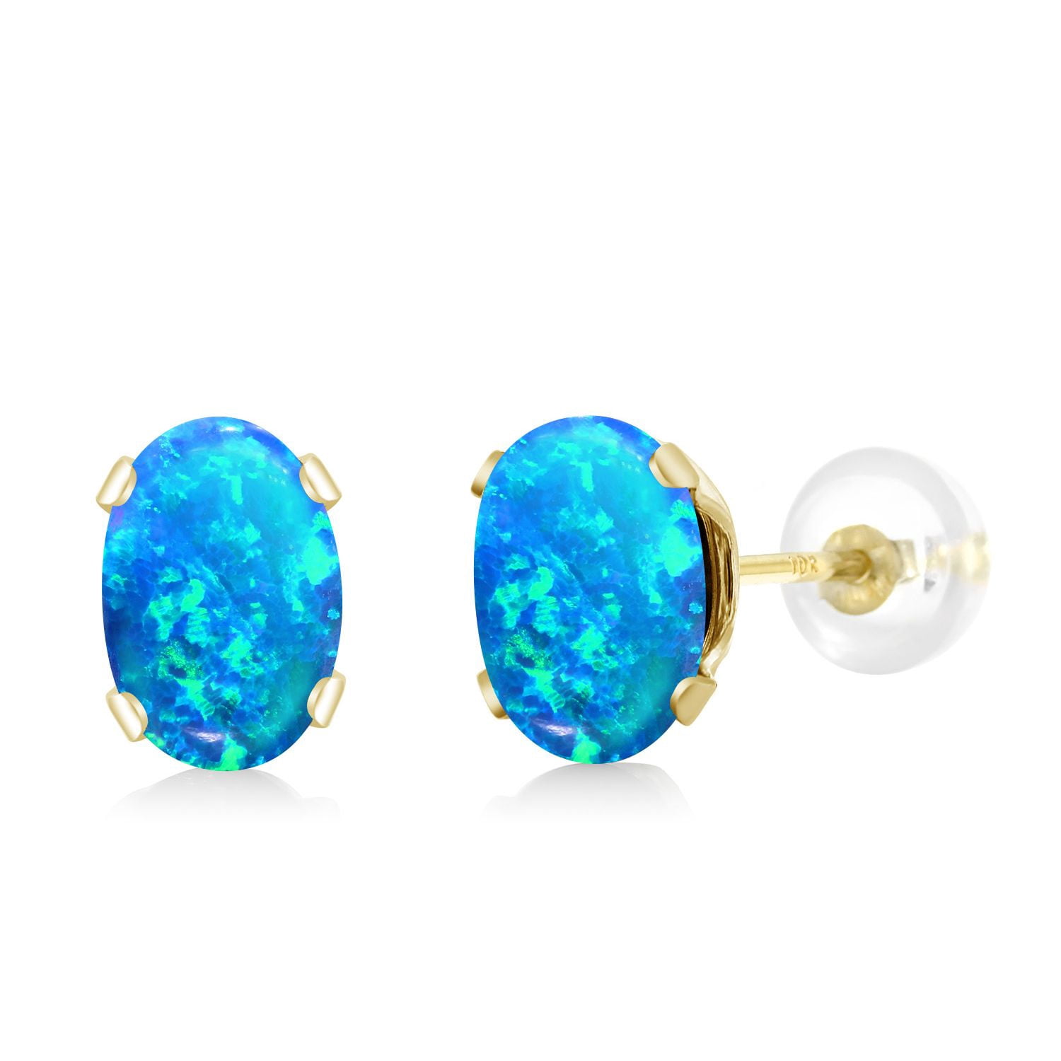 Gem Stone King 10K Yellow Gold Blue Opal Stud Earrings for Women Men (1.00 Cttw, Gemstone October Birthstone, Oval Cabochon 6X4MM)
