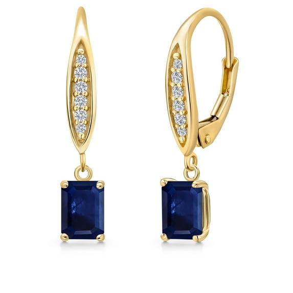Gem Stone King 10K Yellow Gold Blue Sapphire and Lab Grown Diamond Dangle Earrings for Women | 1.33 Cttw | Gemstone September Birthstone | Octagon 6X4MM