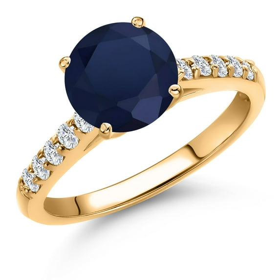 Gem Stone King 10K Yellow Gold Blue Sapphire and Lab Grown Diamond Engagement Ring for Women | 2.66 Cttw | Round 8MM | Gemstone September Birthstone | Size 7