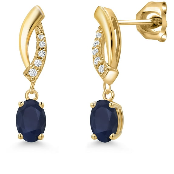 Gem Stone King 10K Yellow Gold Blue Sapphire and Lab Grown Diamond Stud Dangle Earrings for Women | 1.15 Cttw | Gemstone September Birthstone | Oval 6X4MM
