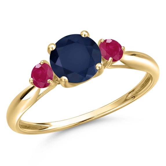 Gem Stone King 10K Yellow Gold Blue Sapphire and Red Ruby 3-Stone Ring for Women | 1.41 Cttw | Round 6MM | Gemstone September Birthstone | Size 5