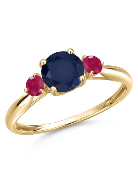 10K Yellow Gold Blue Sapphire and Red Ruby 3-Stone Ring for Women | 1.41 Cttw | Round 6MM | Gemstone September Birthstone | Size 8