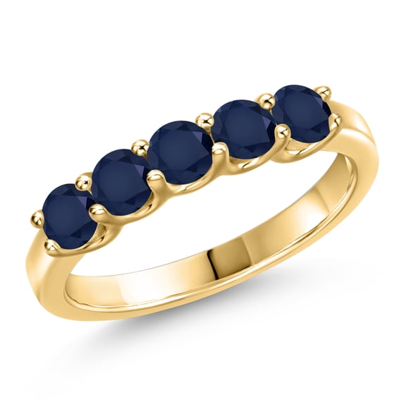 Gem Stone King 10K Yellow Gold Blue Sapphire Wedding-Bands Ring for Women | 1.10 Cttw | Round 3.5MM | Gemstone September Birthstone | Wedding Engagement Anniversary Promise Ring for Women | Size 8