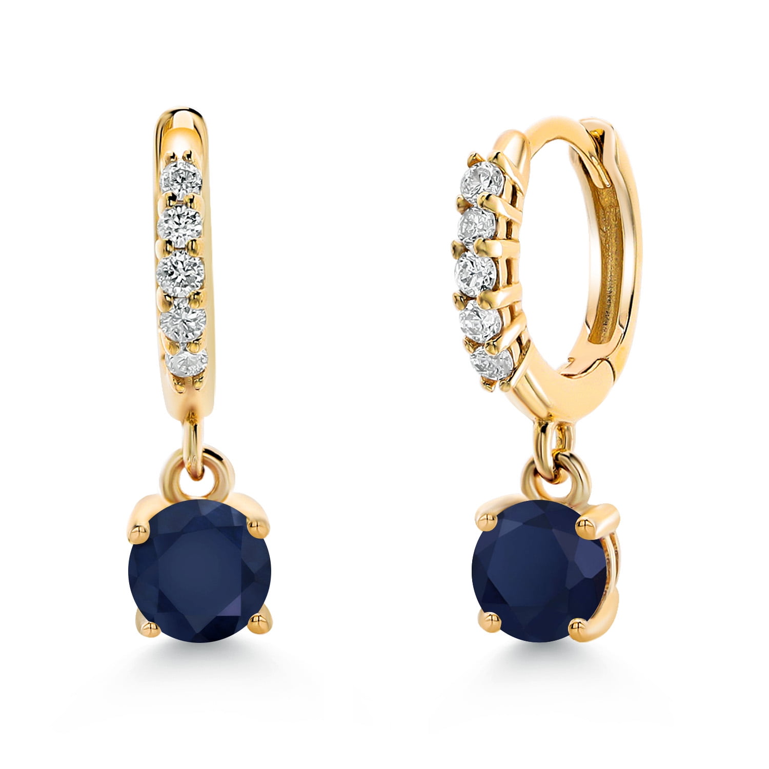 Gem Stone King 10K Yellow Gold Blue Sapphire and White Lab Grown Diamond Dangle Drop Huggie Hoop Earrings for Women (0.80 Cttw, Gemstone September Birthstone, Round 4MM)