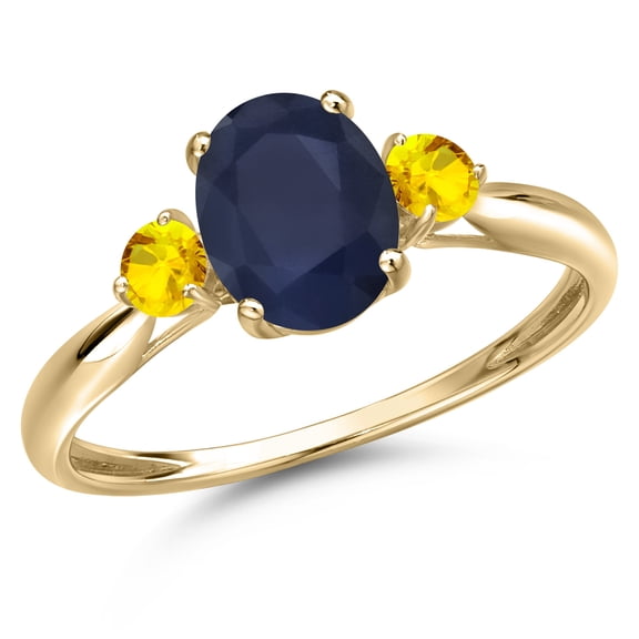 Gem Stone King 10K Yellow Gold Blue Sapphire and Yellow Sapphire 3-Stone Ring for Women | 2.07 Cttw | Oval 8X6MM | Gemstone September Birthstone | Size 7