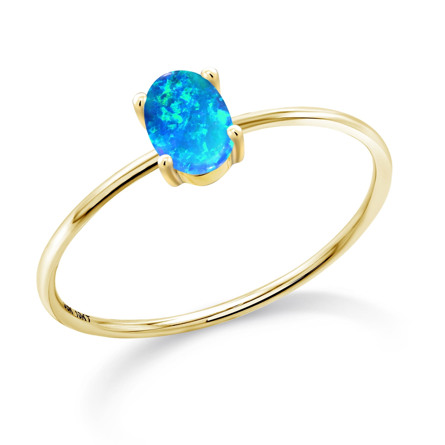 Gem Stone King 10K Yellow Gold Blue Simulated Opal Women Engagement Ring (0.50 Ct Oval Cabochon Cut 6X4MM,)