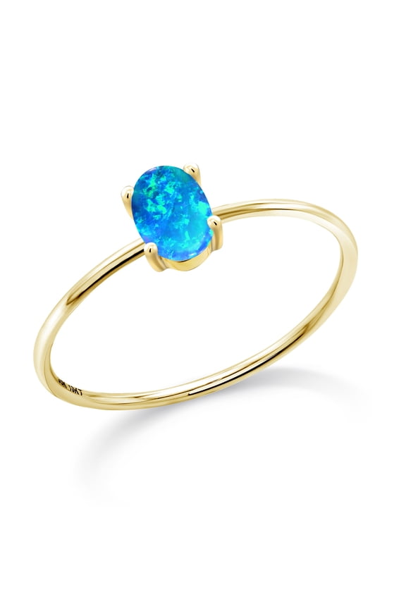 10K Yellow Gold Blue Simulated Opal Women Engagement Ring (0.50 Ct Oval Cabochon Cut 6X4MM,)