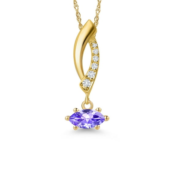 Gem Stone King 10K Yellow Gold Blue Tanzanite and Lab Grown Diamond Pendant Necklace for Women | 0.28 Cttw | Gemstone December Birthstone | Marquise 6X3MM | With 18 inch Chain