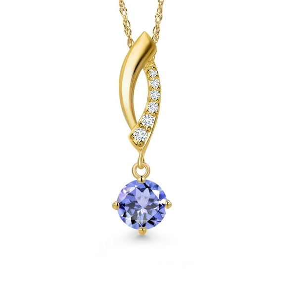 Gem Stone King 10K Yellow Gold Blue Tanzanite and Lab Grown Diamond Pendant Necklace for Women | 0.49 Cttw | Gemstone December Birthstone | Round 5MM | With 18 inch Chain