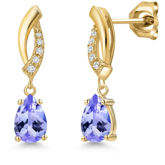 Gem Stone King 10K Yellow Gold Blue Tanzanite and Lab Grown Diamond Stud Dangle Earrings for Women | 1.37 Cttw | Gemstone December Birthstone | Pear Shape 7X5MM