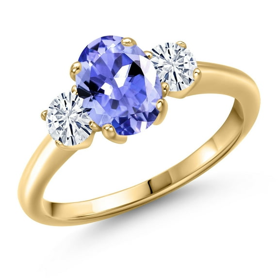 Gem Stone King 10K Yellow Gold Blue Tanzanite and White Moissanite Engagement Ring for Women | 1.62 Cttw | Oval 8X6MM | Gemstone December Birthstone | Size 5