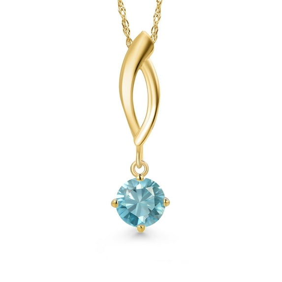 Gem Stone King 10K Yellow Gold Blue Zircon Pendant Necklace for Women | 0.85 Cttw | Gemstone Birthstone | Round 5MM | With 18 inch Chain