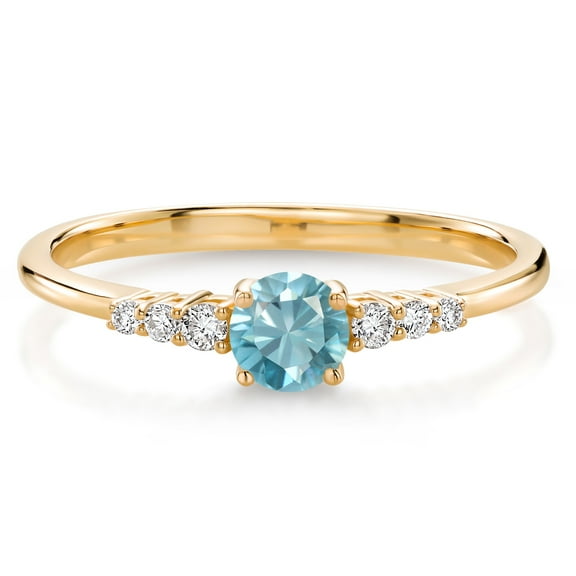 Gem Stone King 10K Yellow Gold Blue Zircon and Lab Grown Diamond Engagement Ring for Women | 0.59 Cttw | Round 4MM | Gemstone Birthstone | Wedding Anniversary Promise Ring for Women | Size 9 | Size 9