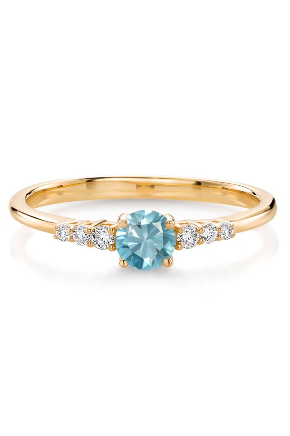 10K Yellow Gold Blue Zircon and Lab Grown Diamond Engagement Ring for Women | 0.59 Cttw | Round 4MM | Gemstone Birthstone | Wedding Anniversary Promise Ring for Women | Size 8 | Size 8