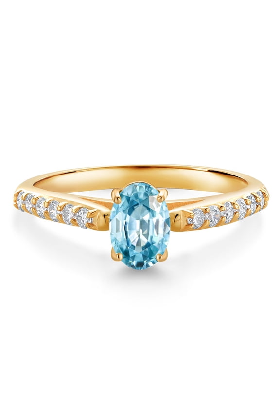 10K Yellow Gold Blue Zircon and White Lab Grown Diamond Engagement Ring for Women (1.43 Cttw, Oval 7X5MM, Gemstone December Birthstone, Size 9)