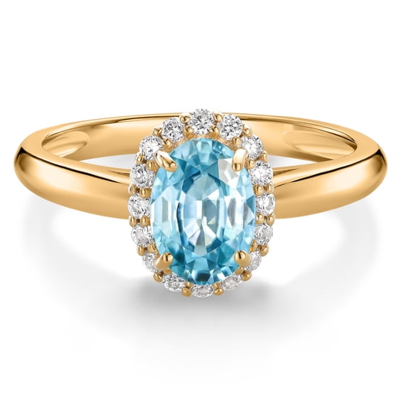 Gem Stone King 10K Yellow Gold Blue Zircon and White Lab Grown Diamond Halo Engagement Ring for Women (1.38 Cttw, Gemstone December Birthstone, Oval 7X5MM, Size 8)
