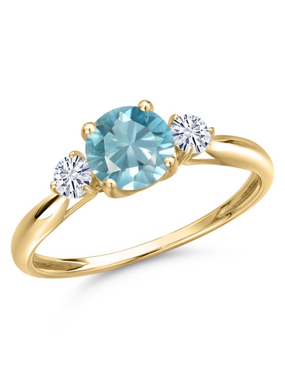 10K Yellow Gold Blue Zircon and White Moissanite 3-Stone Ring for Women | 1.40 Cttw | Round 6MM | Gemstone Birthstone | Size 8