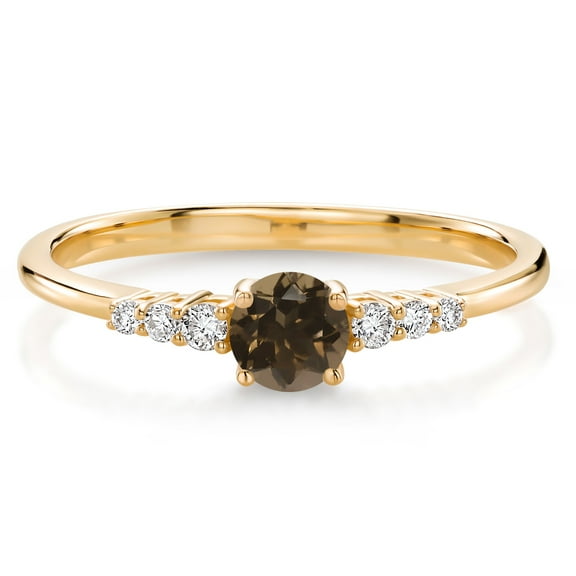 Gem Stone King 10K Yellow Gold Brown Smoky Quartz and Lab Grown Diamond Engagement Ring for Women | 0.35 Cttw | Round 4MM | Gemstone Birthstone | Wedding Anniversary Promise Ring for Women | Size 7