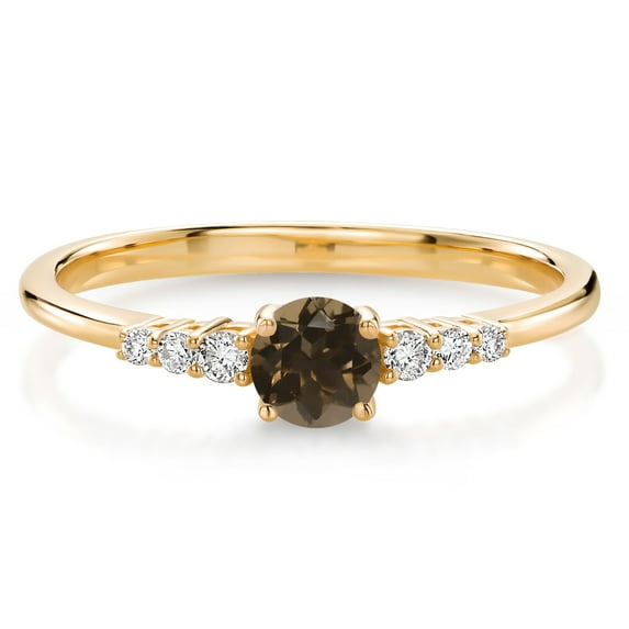 Gem Stone King 10K Yellow Gold Brown Smoky Quartz and Lab Grown Diamond Engagement Ring for Women | 0.35 Cttw | Round 4MM | Gemstone Birthstone | Wedding Anniversary Promise Ring for Women | Size 6