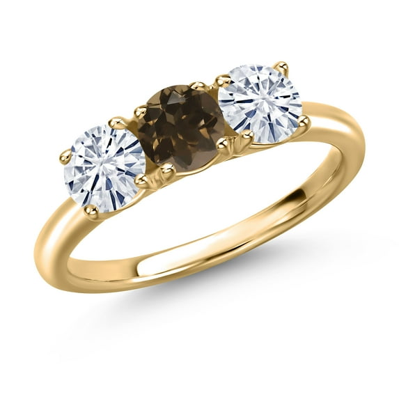 Gem Stone King 10K Yellow Gold Brown Smoky Quartz and White Moissanite Engagement Ring for Women | 1.50 Cttw | Round 5MM | Gemstone Birthstone | Size 5