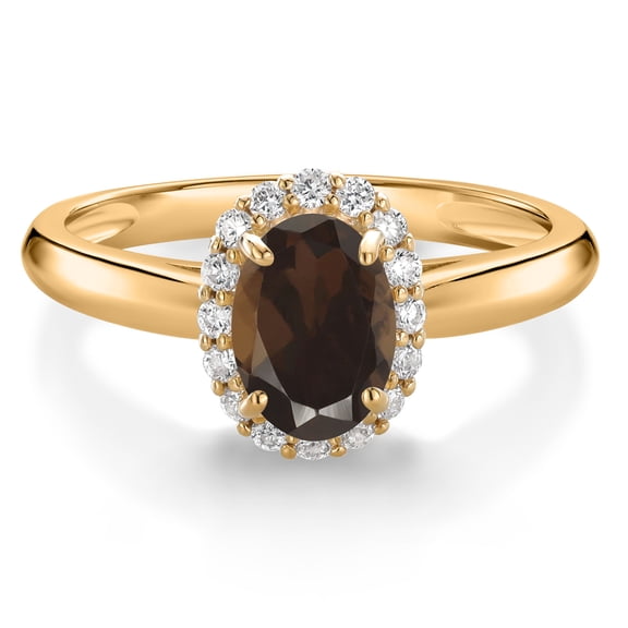 Gem Stone King 10K Yellow Gold Brown Smoky Quartz and White Lab Grown Diamond Halo Engagement Ring for Women (0.88 Cttw, Gemstone, Oval 7X5MM, Size 5)