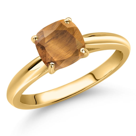 Gem Stone King 10K Yellow Gold Brown Tiger Eye Solitaire Engagement Ring for Women | 1.00 Cttw | Cushion 6MM | Gemstone Birthstone | Size 7