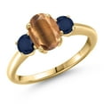thumbnail image 1 of Gem Stone King 10K Yellow Gold Brown Tiger Eye and Blue Sapphire Engagement Ring for Women | 1.95 Cttw | Oval 8X6MM | Gemstone Birthstone | Size 6, 1 of 6