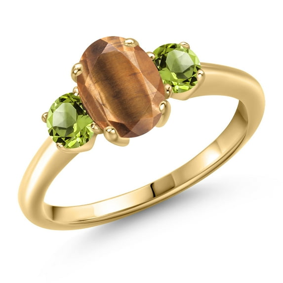 Gem Stone King 10K Yellow Gold Brown Tiger Eye and Green Peridot Engagement Ring for Women | 1.85 Cttw | Oval 8X6MM | Gemstone Birthstone | Size 9