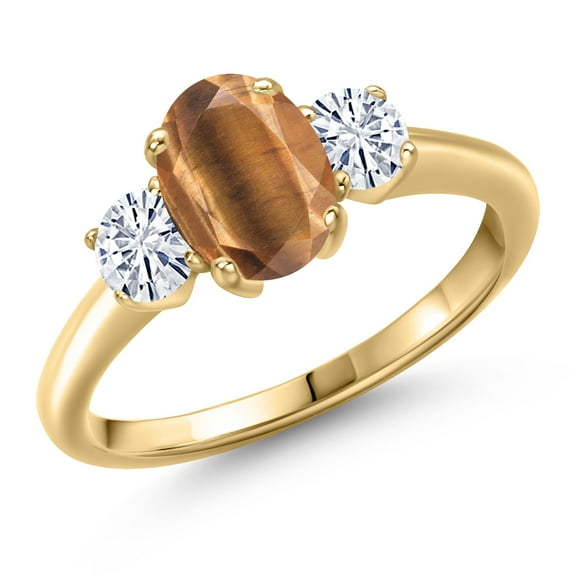 Gem Stone King 10K Yellow Gold Brown Tiger Eye and White Moissanite Engagement Ring for Women | 1.71 Cttw | Oval 8X6MM | Gemstone Birthstone | Size 5