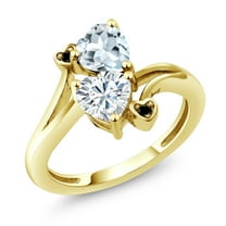 Gem Stone King 10K Yellow Gold Diamond Accent Ring Heart Shape Sky Blue Aquamarine and Moissanite (1.56 Cttw, Size 5)