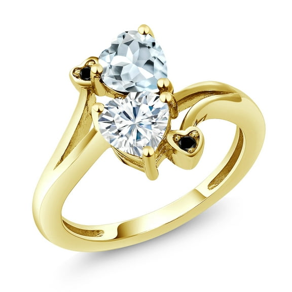 Gem Stone King 10K Yellow Gold Diamond Accent Ring Heart Shape Sky Blue Aquamarine and Moissanite (1.56 Cttw, Size 5)
