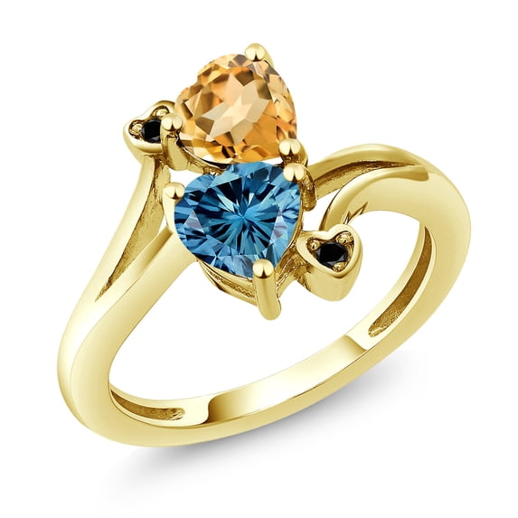 Gem Stone King 10K Yellow Gold Diamond Accent Ring Heart Shape Yellow Citrine and Vivid Persian Blue Moissanite (1.48 Cttw, Size 8)