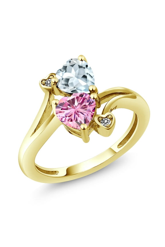 10K Yellow Gold Diamond Accent Ring Heart Shape Aquamarine Pink Moissanite (1.56 Cttw)