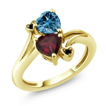 Gem Stone King 10K Yellow Gold Diamond Accent Ring Heart Shape Persian Blue Moissanite and Rhodolite Garnet Red (1.55 Cttw, Size 6)