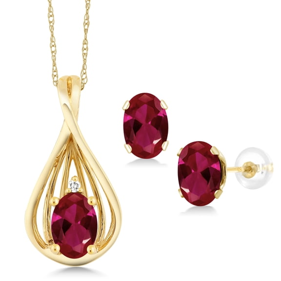 Gem Stone King 10K Yellow Gold Diamond Pendant and Earrings Jewelry Set 1.51 Ct Oval Red Created Ruby