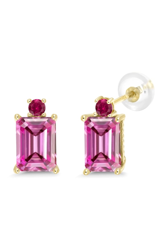 10K Yellow Gold Earrings Octagon Pink Moissanite and Created Ruby (3.62 Cttw)