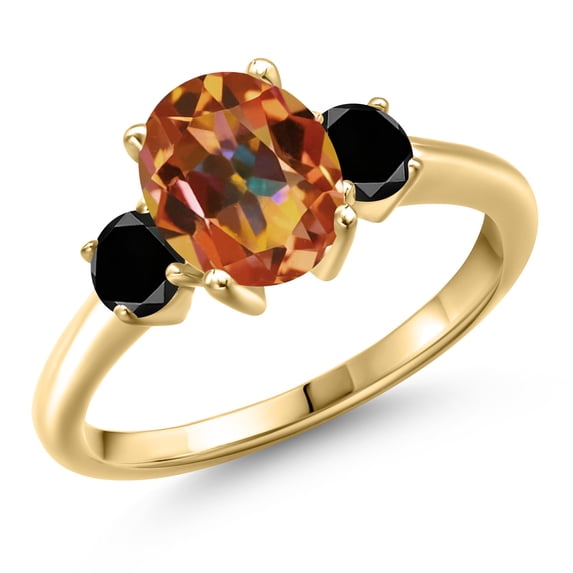 Gem Stone King 10K Yellow Gold Ecstasy Mystic Topaz and Black Diamond Engagement Ring for Women | 2.54 Cttw | Oval 9X7MM | Gemstone November Birthstone | Size 9