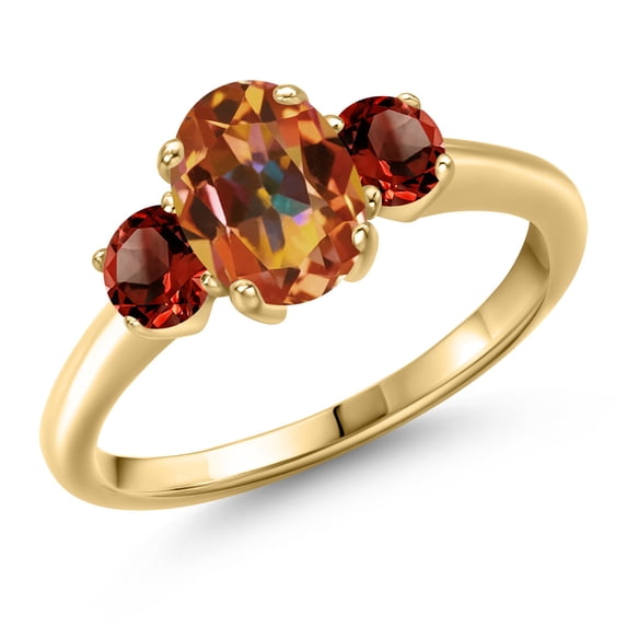 Gem Stone King 10K Yellow Gold Ecstasy Mystic Topaz and Red Garnet Engagement Ring for Women | 2.24 Cttw | Oval 8X6MM | Gemstone November Birthstone | Size 7