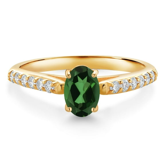 Gem Stone King 10K Yellow Gold Emerald Envy Mystic Topaz and White Lab Grown Diamond Engagement Ring for Women (0.98 Cttw, Oval 7X5MM, Gemstone Birthstone, Size 6)