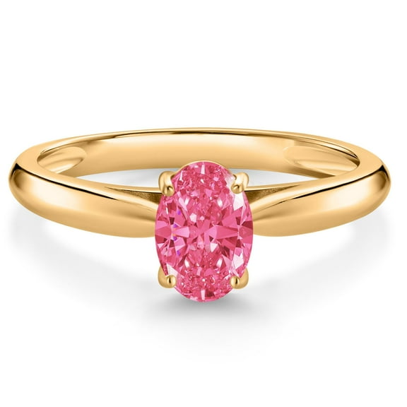 Gem Stone King 10K Yellow Gold Fancy Pink Zirconia Solitaire Engagement Ring for Women (0.76 Cttw, Oval 7X5MM, Gemstone Birthstone, Size 8)