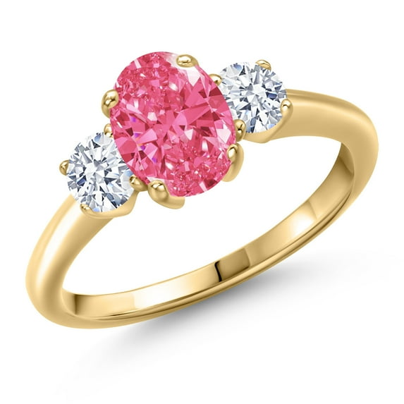 Gem Stone King 10K Yellow Gold Fancy Pink Zirconia and White Zirconia Engagement Ring for Women | 1.71 Cttw | Oval 8X6MM | Gemstone Birthstone | Size 6