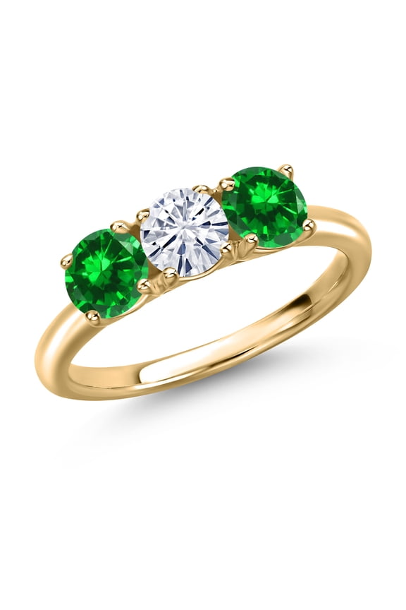 10K Yellow Gold Forever One DEF Moissanite From Charles & Colvard and Green Created Emerald Engagement Ring for Women | 2.18 Cttw | Round 5MM | Gemstone Birthstone | Size 8