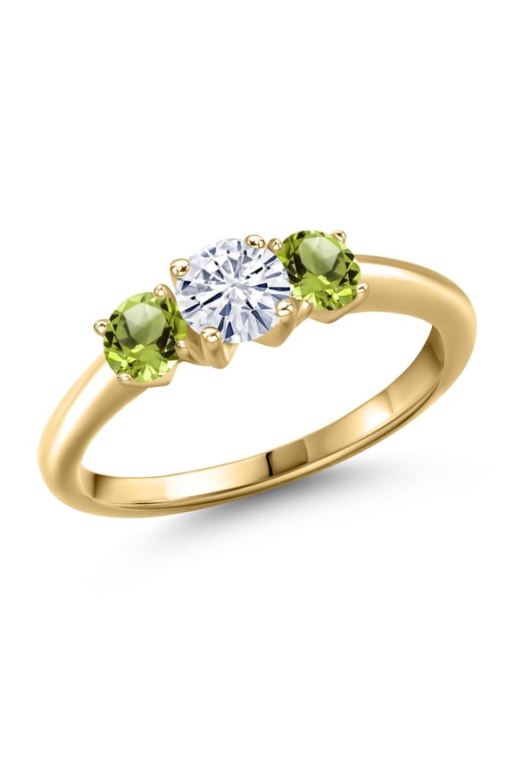 10K Yellow Gold Forever One DEF Moissanite From Charles & Colvard and Green Peridot Engagement Ring for Women | 1.10 Cttw | Round 5MM | Gemstone Birthstone | Size 7