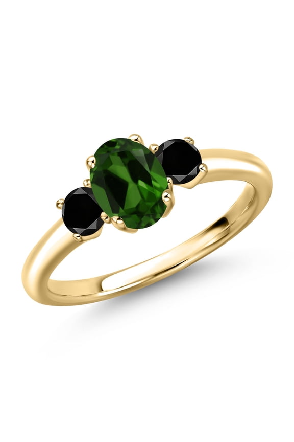 10K Yellow Gold Green Chrome Diopside and Black Diamond Engagement Ring for Women | 1.04 Cttw | Oval 7X5MM | Gemstone Birthstone | Size 7