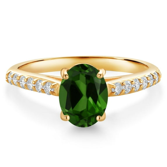 Gem Stone King 10K Yellow Gold Green Chrome Diopside and White Lab Grown Diamond Engagement Ring for Women (1.38 Cttw, Oval 8X6MM, Gemstone Birthstone, Size 5)
