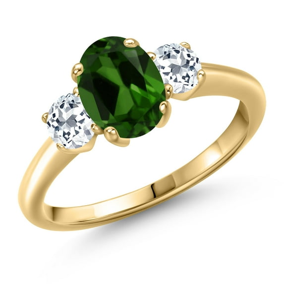 Gem Stone King 10K Yellow Gold Green Chrome Diopside and White Topaz Engagement Ring for Women | 1.86 Cttw | Oval 8X6MM | Gemstone Birthstone | Size 6