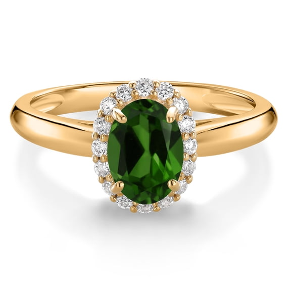 Gem Stone King 10K Yellow Gold Green Chrome Diopside and White Lab Grown Diamond Halo Engagement Ring for Women (0.83 Cttw, Gemstone, Oval 7X5MM, Size 8)